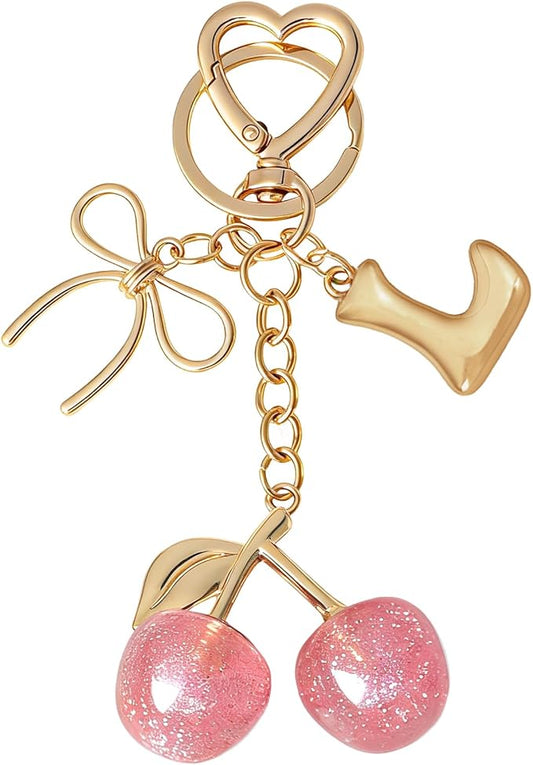 Snycler Bubble Initial Keychain with Cherry & Bow - Gold Letter Bag Charms for Women, Cute Purse Handbag Accessories