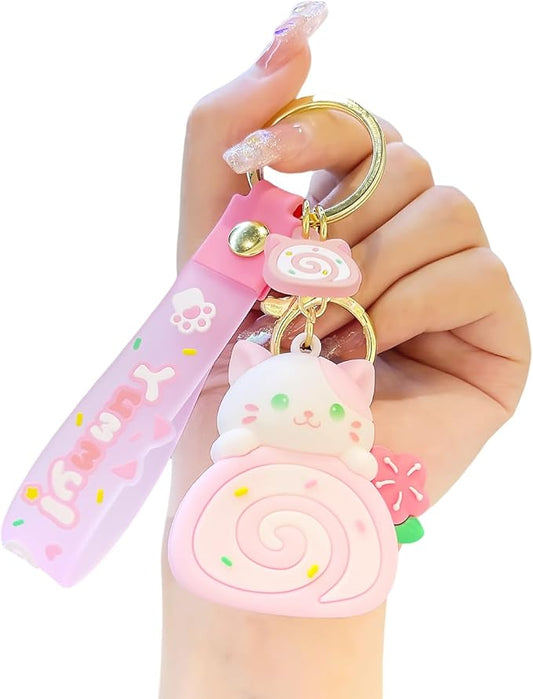 Girly Super Cute Lovely Pink Brown Swiss Roll Bread Cake Cat Kitty Panda Keychain Key Ring Bag Charm Pendant