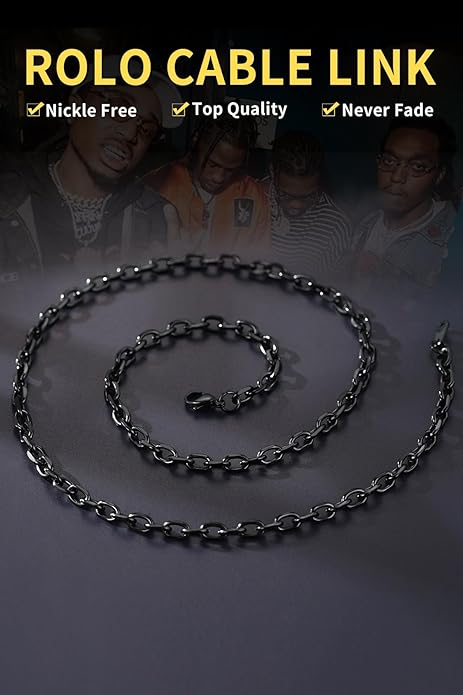 ChainsHouse Stainless Steel Cable Chain Necklaces for Men Women, 3mm/5mm/7mm/9mm/12mm 18K Gold/Black Plated Mens Cable Link Chains, 18"-30" Length - Send Gift Box