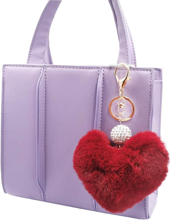 Women's Heart Faux Fur Pom Pom Key Chains Bag Accessory Puffball Keyring Backpack Charms for Girls