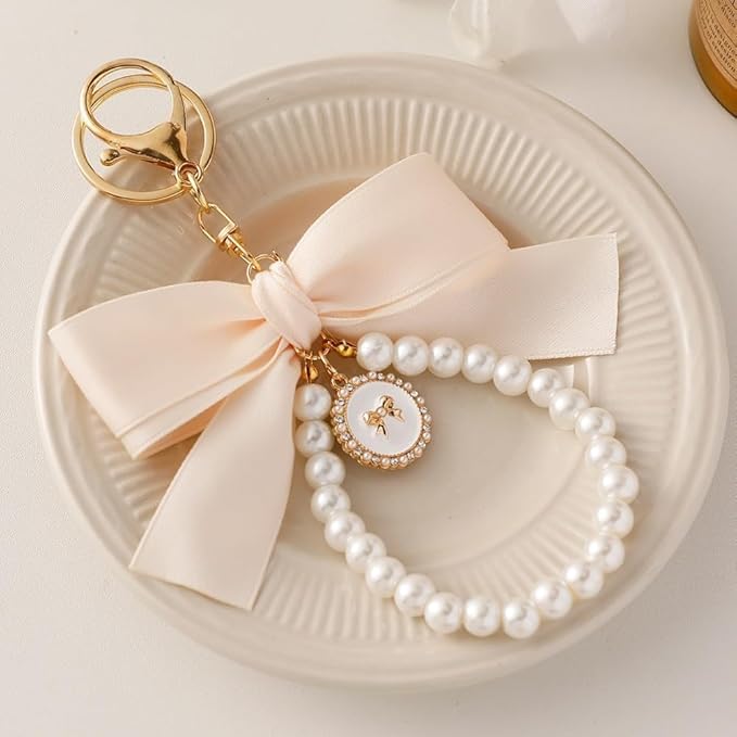 SMUOBT 2Pcs Cute Bow Keychain Wristlet for Women, Pearl Key Chains for Car Keys White Bowknot Keychain Accessories