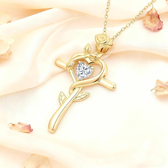 Midari 18K Yellow Gold Cross Pendant Rose Birthstone Necklaces for Women Christian Cross Jewelry with 12 Months Birthstone Birthday Gifts for Wife Her Daughter Mom