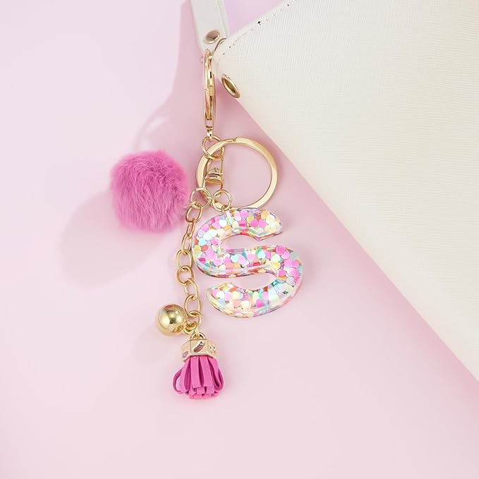 Resin Alphabet Initial Letter Keychain Keyring for Women Purse Handbags With Fur Ball Pom