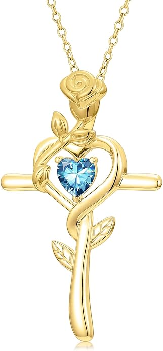Midari 18K Yellow Gold Cross Pendant Rose Birthstone Necklaces for Women Christian Cross Jewelry with 12 Months Birthstone Birthday Gifts for Wife Her Daughter Mom