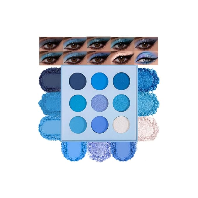 9-Color Blue Eyeshadow Palette – Matte, Shimmer & Glitter High-Pigment Eye Makeup, Waterproof Long-Lasting Blendable Navy, Aqua, Teal & Silver Shades for Bold, Creative & Mermaid Looks