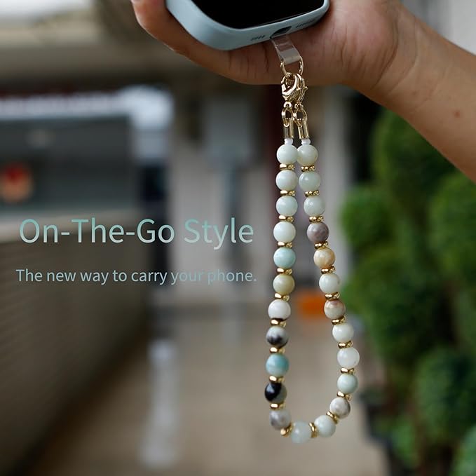 Marble Beaded Phone Wrist Strap,Detachable Phone Bracelet Strap with Tether Tab,Hands-Free Wristlet Strap (Amazonite)