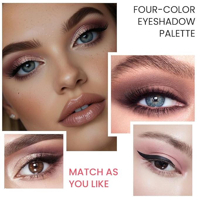4-Color Neutral Nude Eyeshadow Palette – Matte & Shimmer Champagne Rose, Soft Taupe, Plum Brown & Silver Taupe Shades, High Pigment Blendable Mini Eye Shadow Kit for Daily Soft Glam & Blue Green Eyes