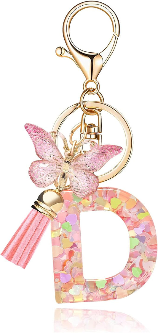 Fashion Alphabet Initial Letter Keychain Tassel Butterfly Pendant Key Ring for Purse Handbags Women Girl