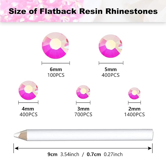 3000PCS Resin Flatback Rhinestone, 2mm 3mm 4mm 5mm 6mm Hot Pink AB Flatback Jelly Resin Rhinestones for Tumblers, Mugs, Bottles, Craft Decoration, Loose Bling Glitter Gem Stone, Rose AB