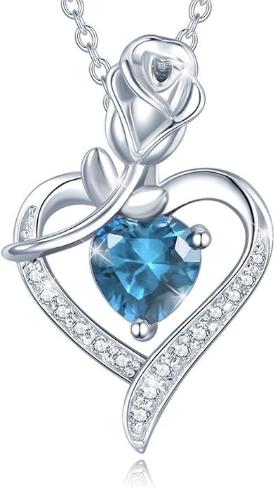 AGVANA Christmas Gifts Rosy Reverie Birthstone Necklace for Women Sterling Silver Genuine or Created Gemstone Rose Flower Heart Pendant Necklace Anniversary Birthday Gifts for Women Mom Wife Her