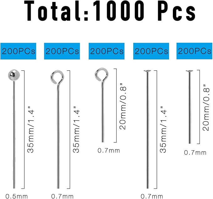 Jewelry Making Head Pins and Eye Pins Set, 1000 Pieces, Stainless Steel, Mixed Finishes (Silver)