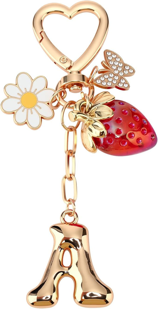 Strawberry Initial Keychain for Women-Cute Kawaii Gold Alphabet Bag Charms, Key chain Gift for Purse Handbag