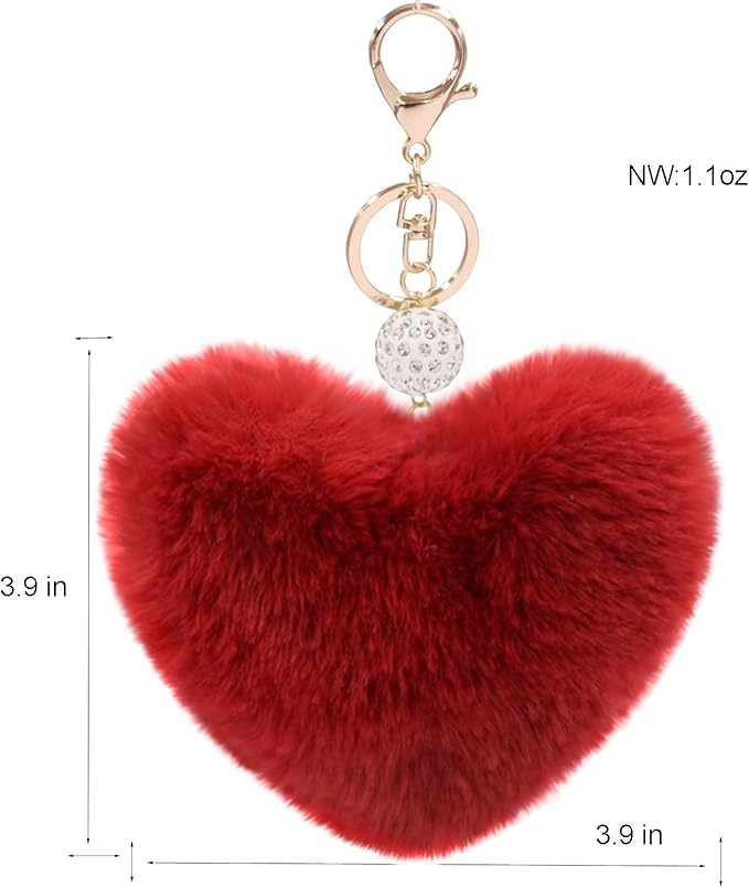 Women's Heart Faux Fur Pom Pom Key Chains Bag Accessory Puffball Keyring Backpack Charms for Girls