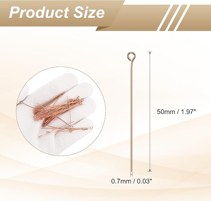 HARFINGTON 100pcs Open Eye Head Pins 1.97" 50mm Mini Metal Wire Eye Pins Beading Small Needles Bulk for Earring Pendant Necklace Bracelet Charm Jewelry Making Findings DIY Craft, Rose Gold
