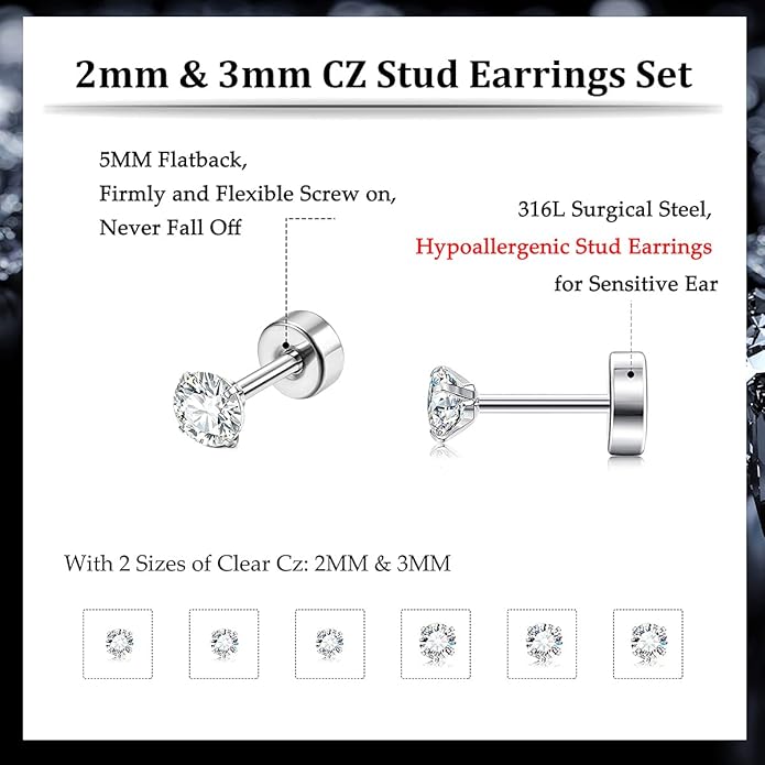 Fansilver 20G Hypoallergenic Flat Back Earrings for Women Men Silver 14K Gold Stainless Steel Stud Earrings Brithstone Cubic Zirconia Studs Surgical Steel Cartilage Earrings for Sensitive Ears