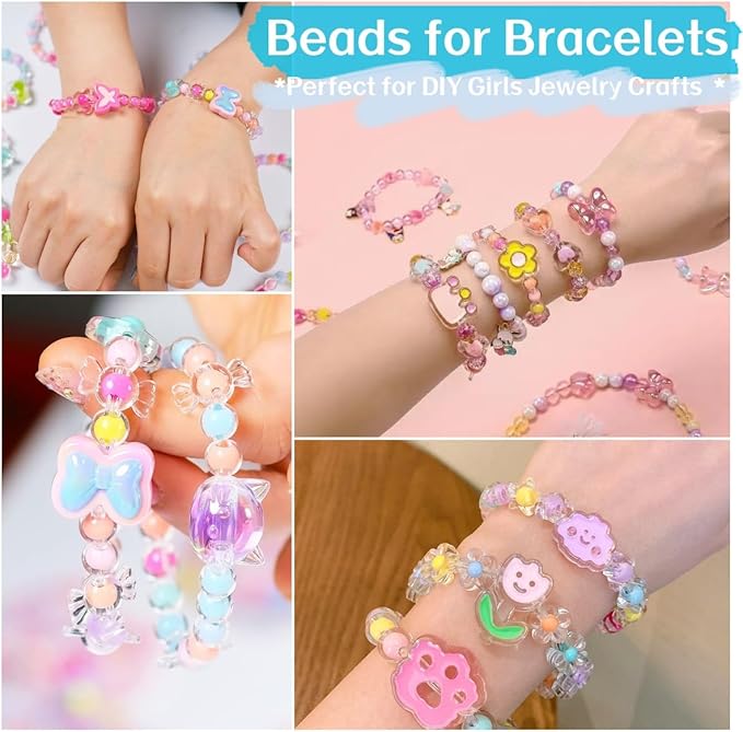 JoyJellies Assorted Acrylic Beads for Bracelets Keychain Making Kit, 8 Colors 420+PCS Mix Cute Charms Set with String and Clips Ring Flower Bow Heart Beads Crafts Jewelry DIY Phone Bag Charms
