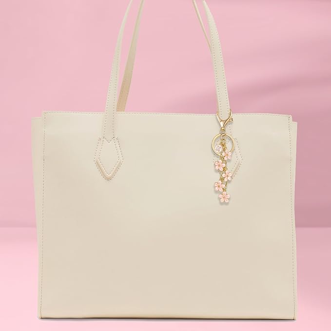 XGALBLA White Pink Black Cute Initial Letter Keychain for Women, Flower Bag Charms Enamel Keyring for Handbag Backpack