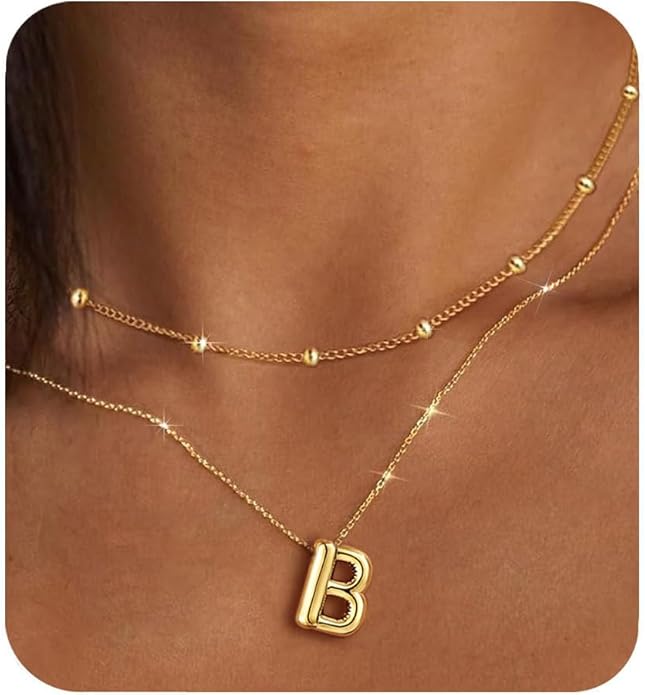 PANSHI Gold Initial Necklaces Gifts for Teen Girls Women Girlfriend Teen Girl Gifts Trendy Stuff Layered Bubble Letter Necklace Gold Jewelry Birthday Gift