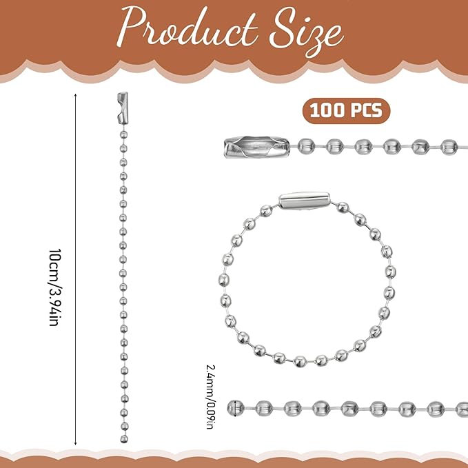 100 PCS Silver Ball Beads Chains, 3.9 Inch Long Stainless Steel Ball Chain Keychain Silver Metal Small Bead Chain with Connectors Balls Bead Chains Extension for Tag Jewelry Making Hanging Decoration