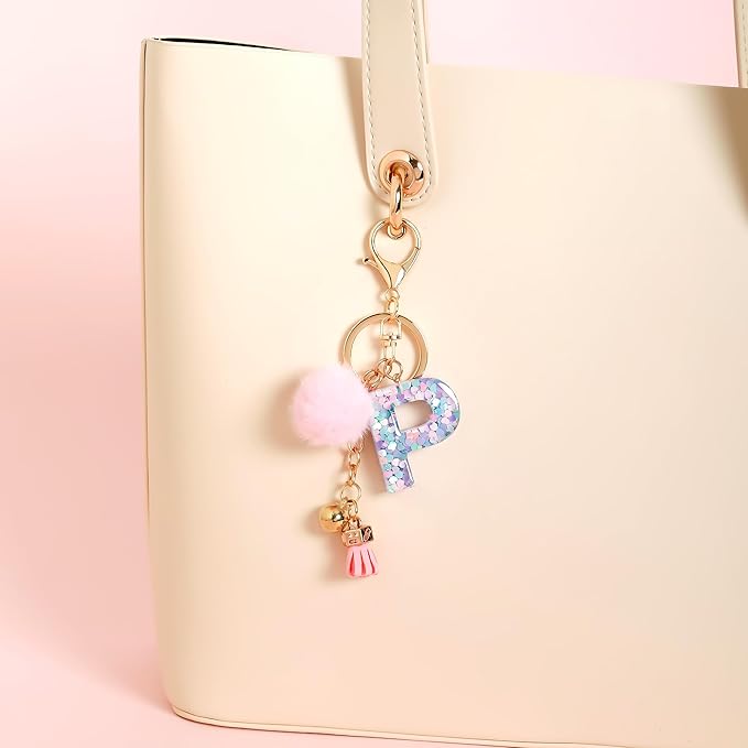 Resin Alphabet Initial Letter Keychain Keyring for Women Purse Handbags With Fur Ball Pom