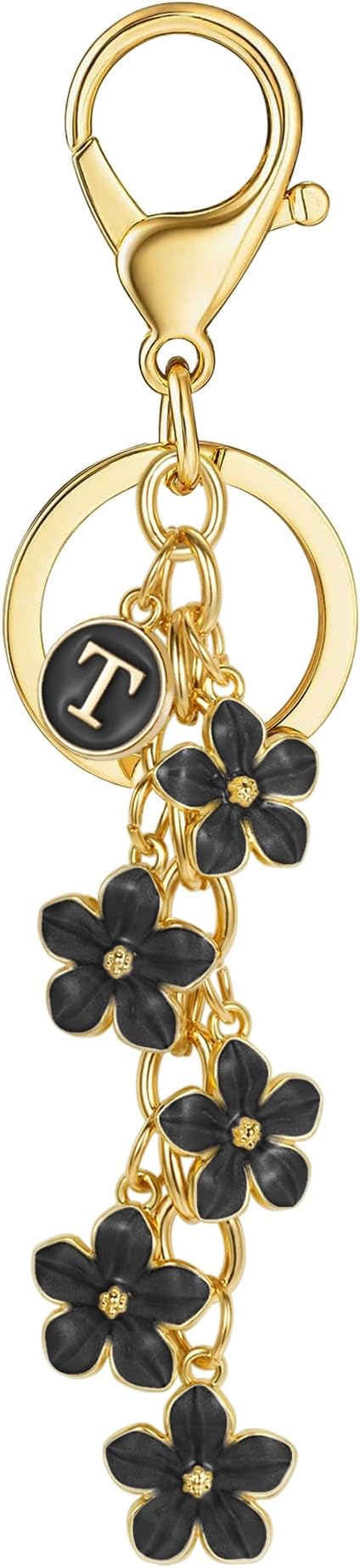 XGALBLA White Pink Black Cute Initial Letter Keychain for Women, Flower Bag Charms Enamel Keyring for Handbag Backpack