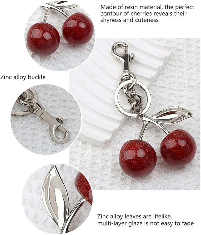 Cherry Keychain for Purse - Resin Alloy Silver Cherry Bag Charm，Cute Fruit Accessory for Women/Gift/Home/Car