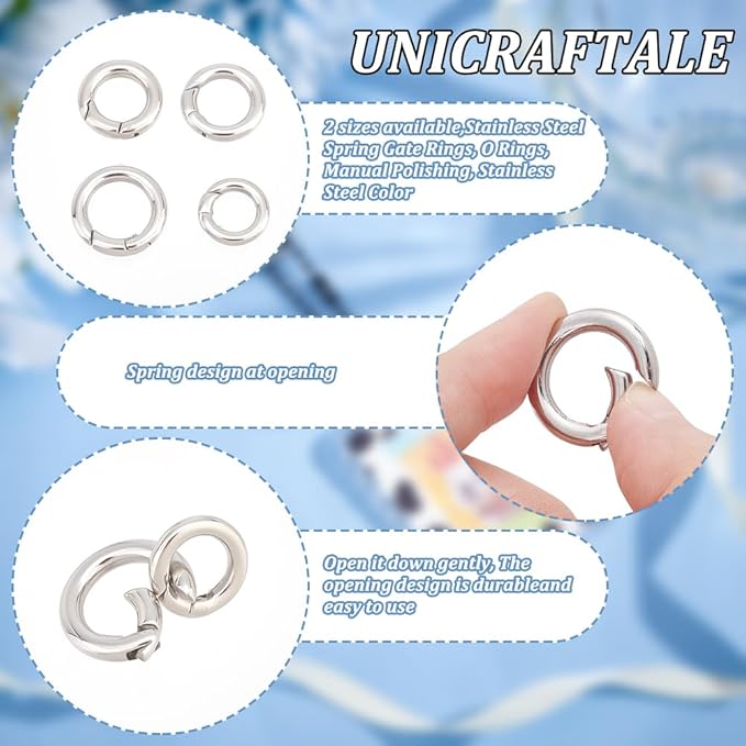 UNICRAFTALE 4pcs 4 Sizes Spring Gate Rings Stainless Steel Key Rings Carabiner Lock Clasps Connector Keychain Ring Round Snap Clasps Metal Spring Gate Rings for Jewelry Making Bag Purse Handbag Strap