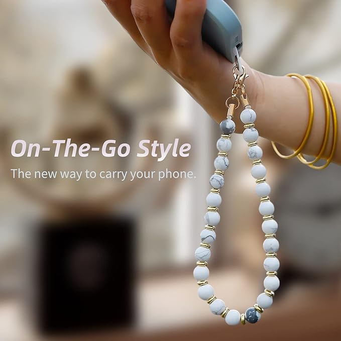 Marble Beaded Phone Wrist Strap,Detachable Phone Bracelet Strap with Tether Tab,Hands-Free Wristlet Strap (Marble-White)