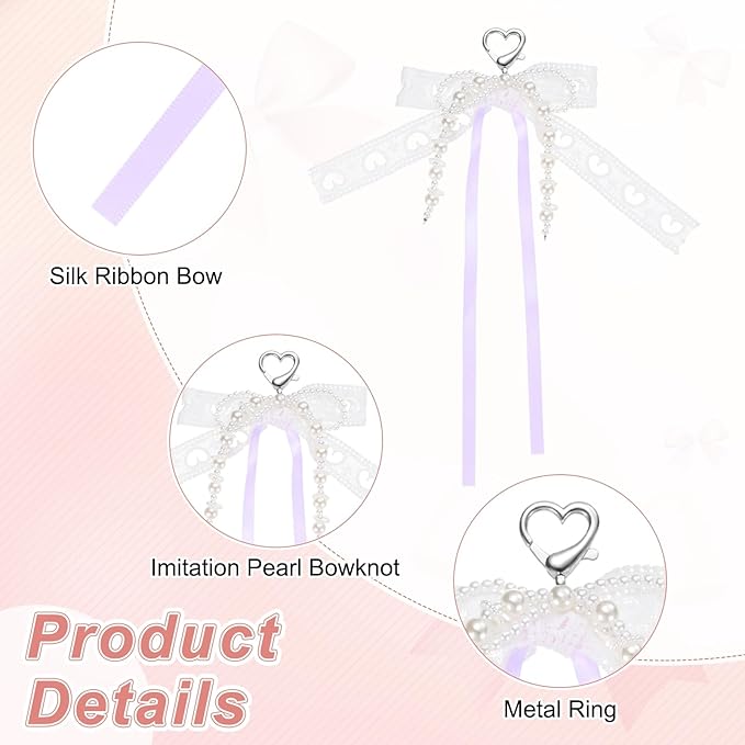MECCANIXITY Pearl Bow Keychain, Y2k Aesthetic Hollow Heart Bowknot Ribbon Keyring, Cute Bag Charm for Tote Bags Purse Handbag