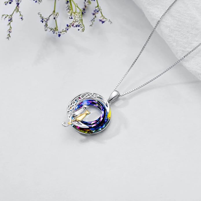TOUPOP Cat Gifts for Cat Lovers One Two Three Four Cats Necklace Sterling Silver Cats on the Moon Pendant Necklace with Blue Circle Crystal Birthday Christmas Celtic Jewelry Gifts for Women
