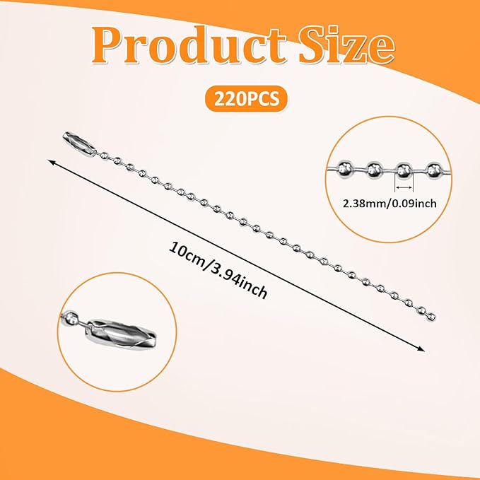 220 Pcs 3.9 Inch Ball Bead Chains with Connector Clasp Keychain Extension for Jewelry Making DIY Crafts Hanging Decoration