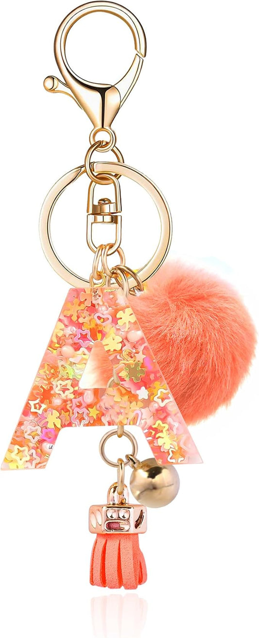 Resin Alphabet Initial Letter Keychain Keyring for Women Purse Handbags With Fur Ball Pom