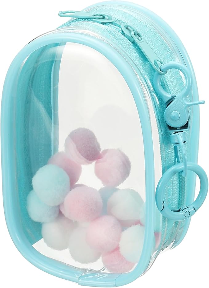 uxcell 4 Inch Clear Figure Display Bag, Mini Clear Pouch Waterproof Coin Pouch with Keychain and Pom Poms for Blind Box Doll Display (Oval, Sky Blue)