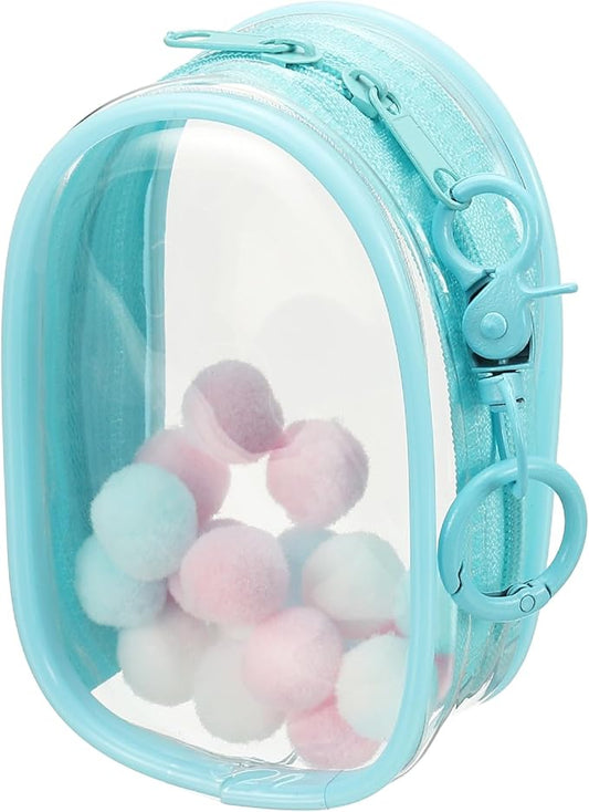 uxcell 4 Inch Clear Figure Display Bag, Mini Clear Pouch Waterproof Coin Pouch with Keychain and Pom Poms for Blind Box Doll Display (Oval, Sky Blue)