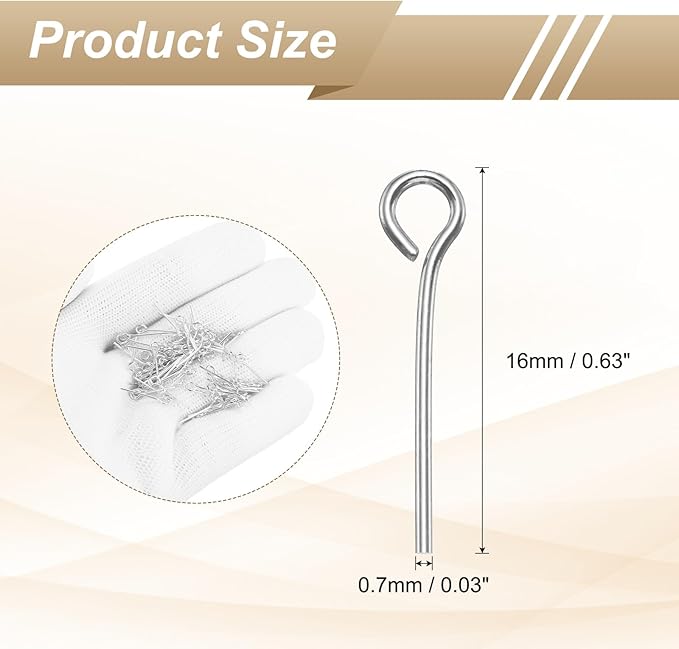 HARFINGTON 100pcs Open Eye Head Pins 0.63" 16mm Mini Metal Wire Eye Pins Beading Small Needles Bulk for Earring Pendant Necklace Bracelet Charm Jewelry Making Findings DIY Craft, Silver Tone