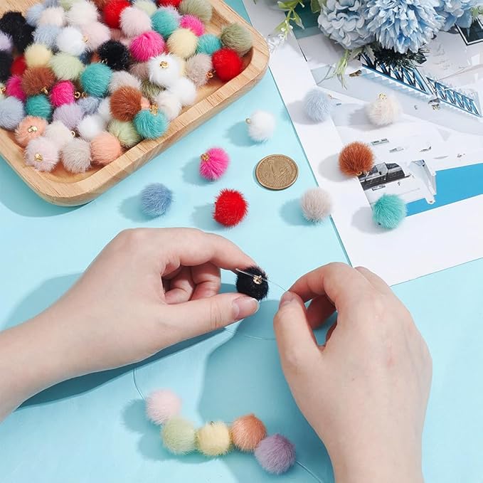 PH PandaHall 96PCS Pom Poms Charm, 16 Colors Pompoms Charm Fabric Fur Metallic Pompoms Pendants DIY Ball Charms with Iron Loops for Dangle Tassel Earrings Charms Pendant Jewellery Making
