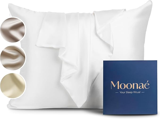 Moonaé Mulberry Silk Pillowcase – Pure Silk Pillow Cover for Healthier Hair & Smoother Skin – Soft, Breathable and Temperature-Regulating, Luxurious Silk Case Colors White-Q