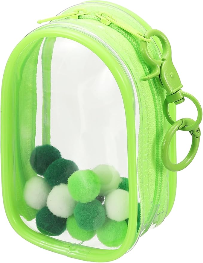 uxcell 4 Inch Clear Figure Display Bag, Mini Clear Pouch Waterproof Coin Pouch with Keychain and Pom Poms for Blind Box Doll Display (Oval, Light Green)