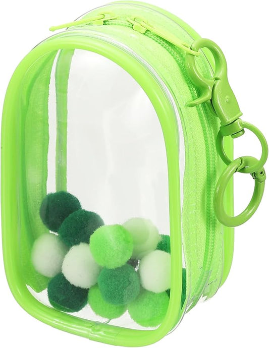 uxcell 4 Inch Clear Figure Display Bag, Mini Clear Pouch Waterproof Coin Pouch with Keychain and Pom Poms for Blind Box Doll Display (Oval, Light Green)