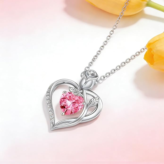 1.2CT Rose Heart Necklace Option of Moissanite or Lab-Grown Sapphire Ruby Emerald&More Necklace for Women Birthstone Girlfriend Necklace S925 Sterling Silver 18K White/Rose Gold Plated D Color VVS1 Gift for Wife Mother Daughter for Birthday Anniversary...