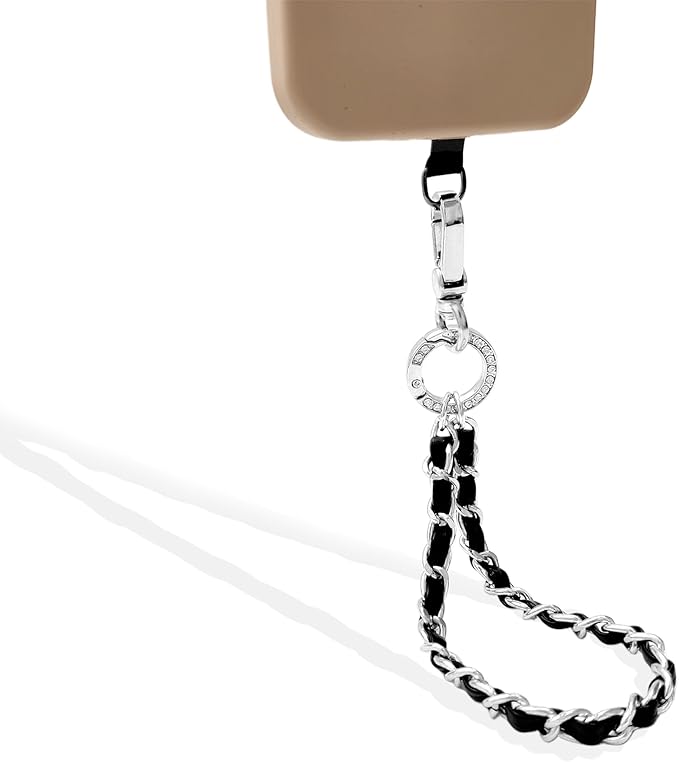 Phone Wrist Strap with Metal Chain Phone Lanyard Wrist with 2 Tether Tabs Metal Leather Cellphone Charm Phone Chain