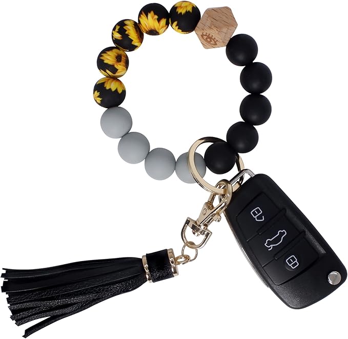 BIHRTC Key Ring Bracelet Car Keychain Holder Wristlet Silicone Women Beaded Bangle Chains