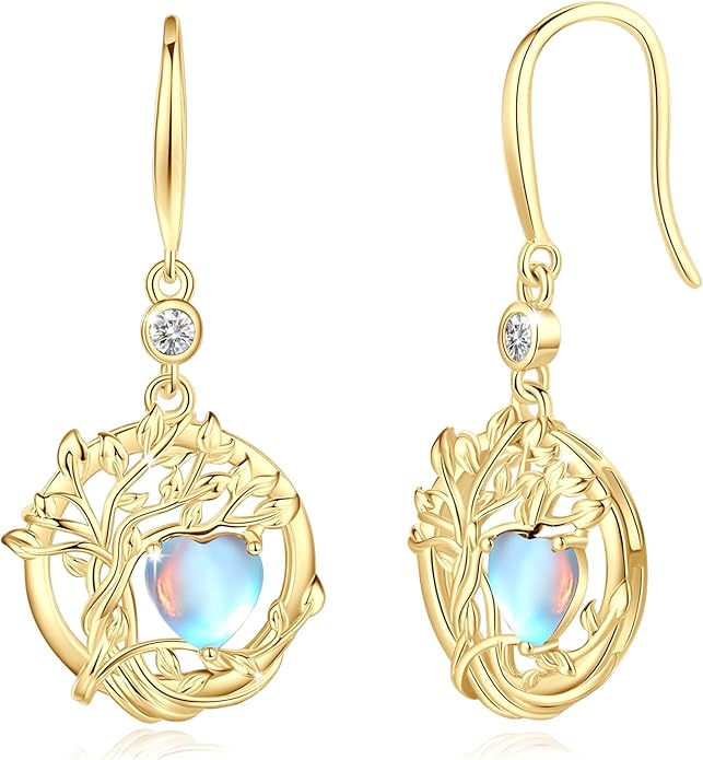 FANCIME Tree of Life Dangle Drop Earrings 925 Sterling Silver Dainty Round Gemstone Birthstone Earring Fine Jewelry Birthday Christmas Gifts for Her Women