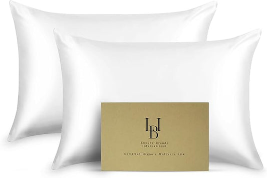 Silk Pillow Cases Certified Organic 100% Pure Mulberry Silk Pillowcase Grade 6A 25 Momme Pillowcase (Ivory, Standard, Pack of 2)