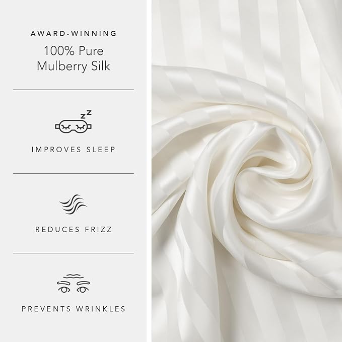 Fishers Finery 30mm 100% Pure Mulberry Silk Pillowcase Set, Quality Tested (White Stripe, Standard, 2 Pack)
