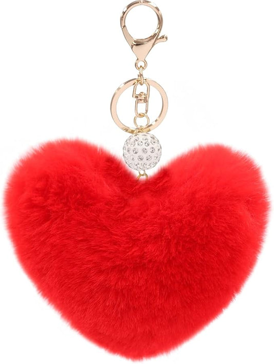 Women's Heart Faux Fur Pom Pom Key Chains Bag Accessory Puffball Keyring Backpack Charms for Girls