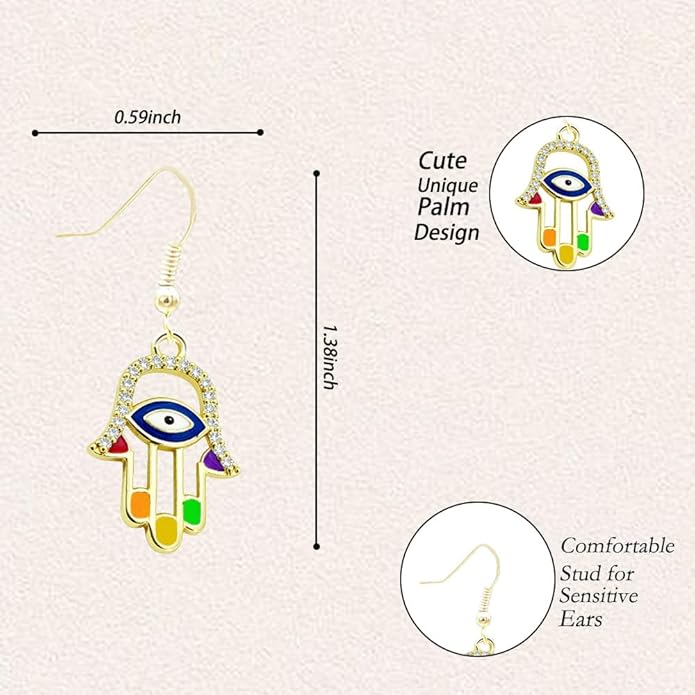 Rainbow Hamsa Hand Protection Charm Earrings, Evil Eye Earrings for Women