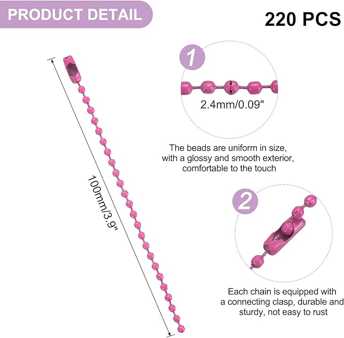 uxcell 220pcs Metal Ball Bead Chain, 100mm Long Bead Connector Clasp Dog Tag Hanging Chain for Key Chains Tags Craft Projects Jewelry Making, Rose Red