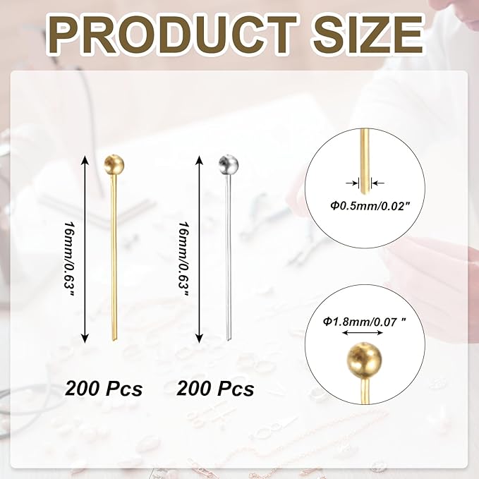 PATIKIL 0.6 Inch Ball Pins, Jewelry Making Headpins Straight Pins Findings Bendable for DIY Craft Bracelet Necklace Earring Pendant Making Supplies-400Pcs(Silver Gold)