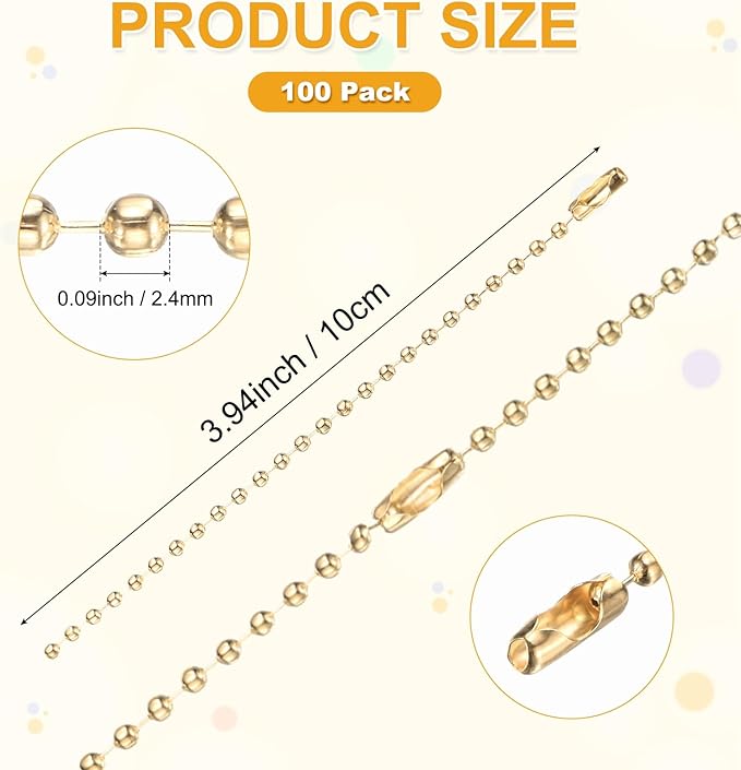 M METERXITY 220-Pack Ball Beads Chain, 4 in Metal Beaded Necklace Adjustable Keychain with Connectors for Jewelry Making/DIY Crafts/Hanging Decoration, Dog Tag Chain [Light Gold]